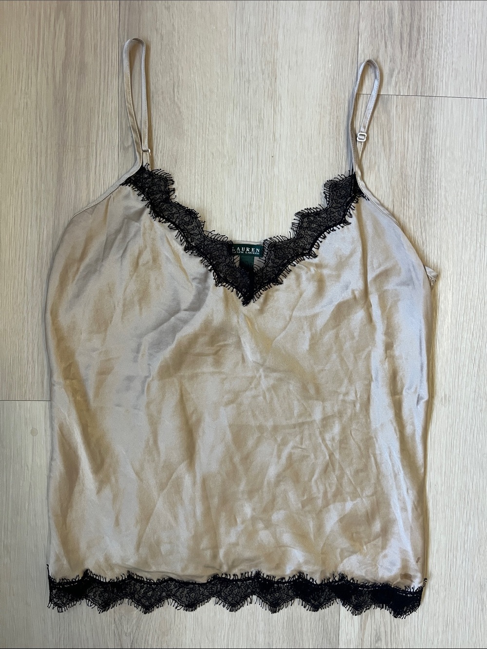 Lauren Ralph Lauren Champagne 100% Silk Camisole with Black Lace Trim Large